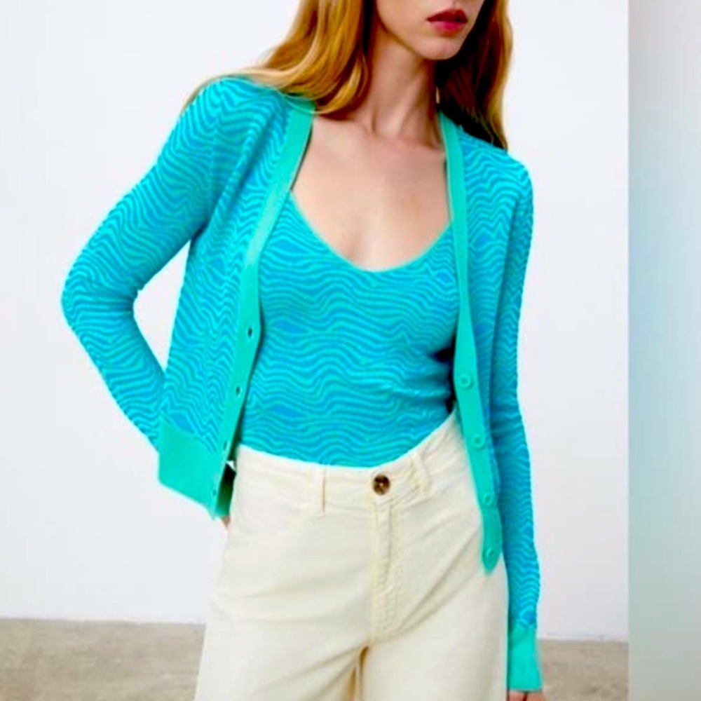 New Zara Blue Turquoise Waves Jacquard Zebra Print Knit Cropped Cardigan - Picture 7 of 13
